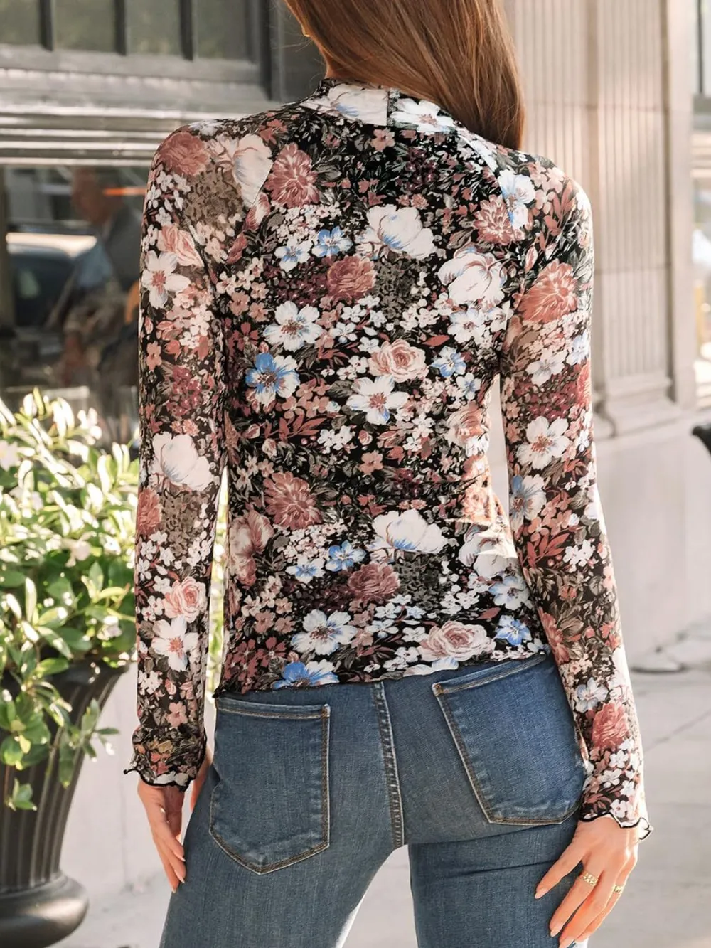 Floral Mock Neck Long Sleeve T-Shirt - Image 5