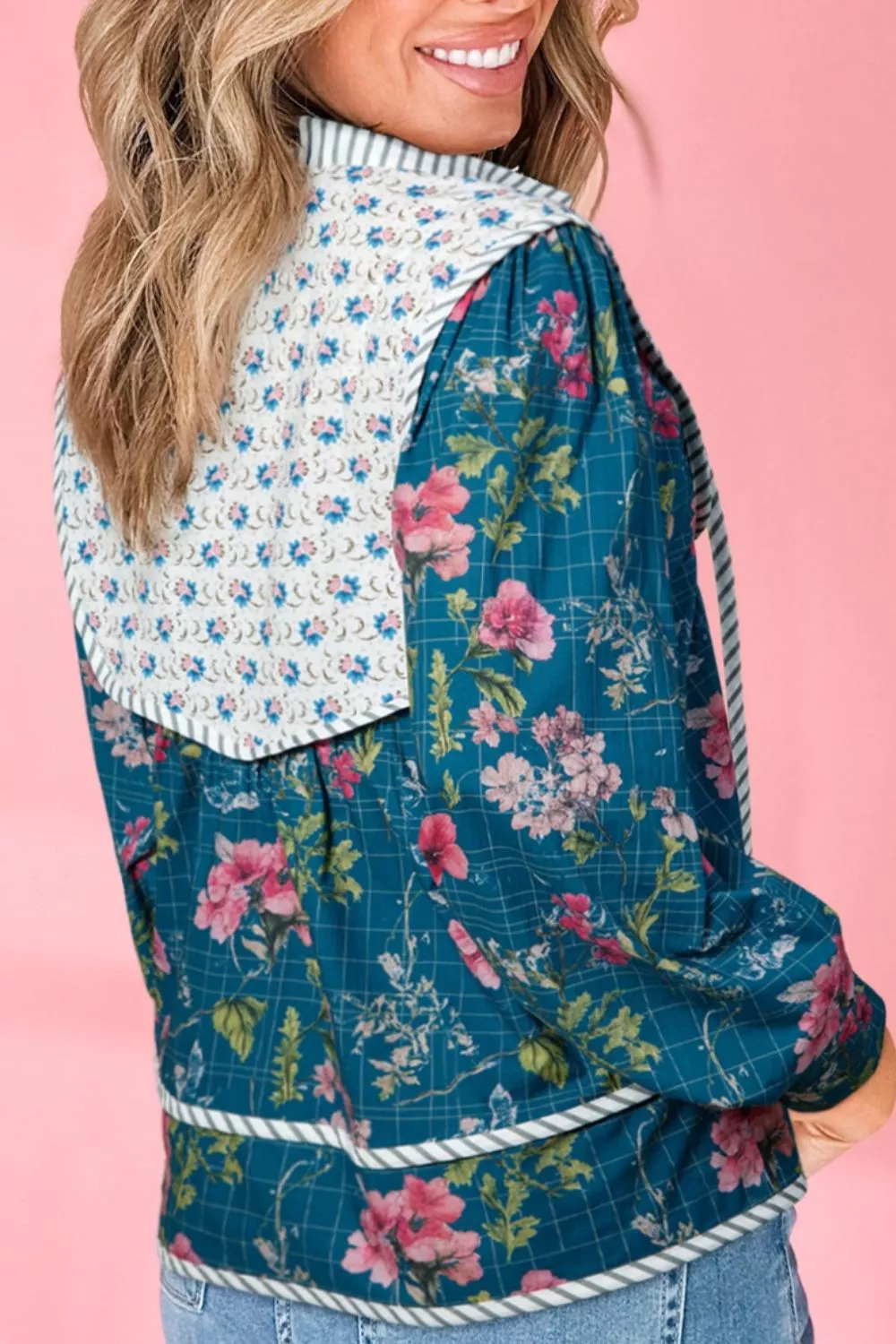 Floral Print Contrast Yoke Patchwork Striped Trim Long Puff Sleeve Blouse - Image 2