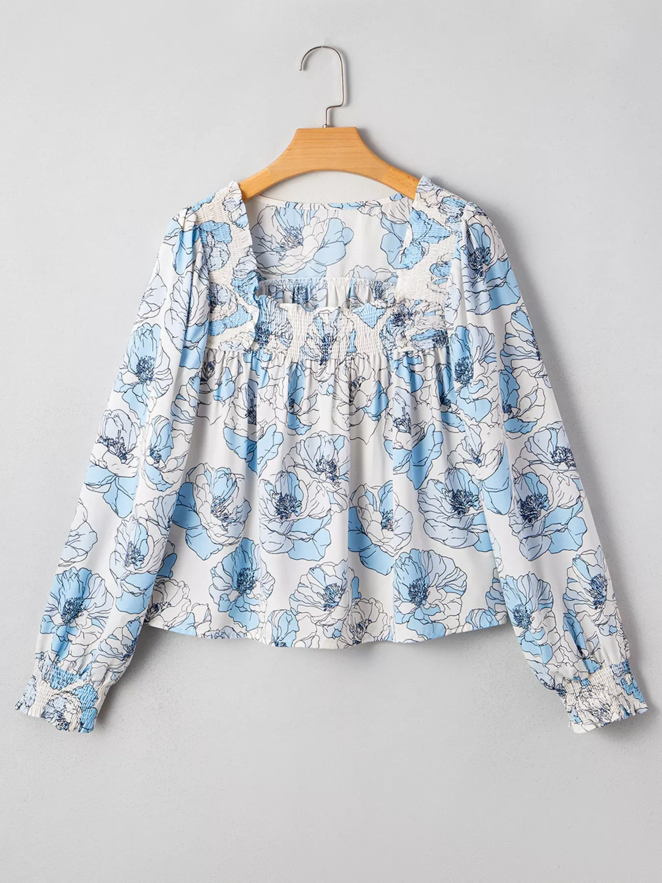 Floral Print Frilly Smocked Square Neck Long Sleeve Blouse - Image 3