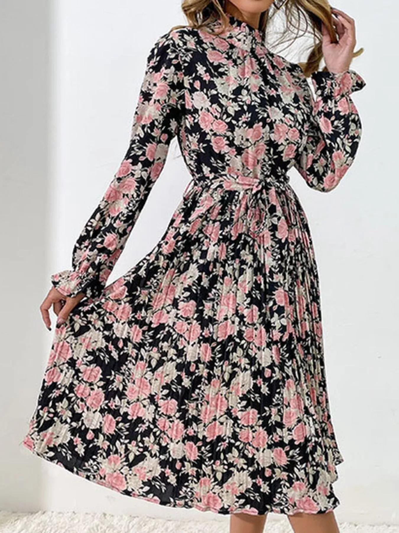 Floral Print Long Sleeve Pleated Midi Dress - Image 7