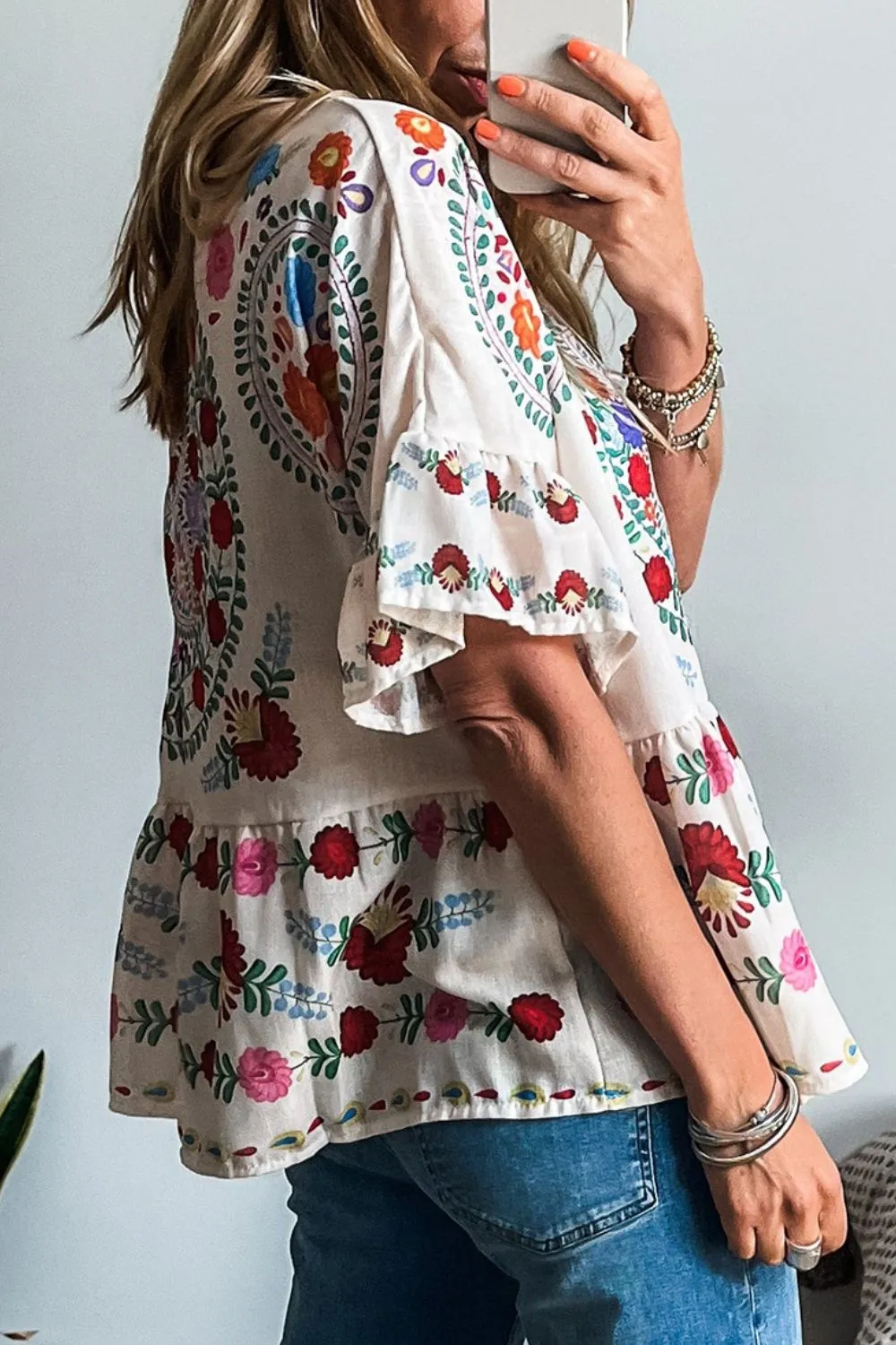 Floral Print Round Neck Ruffle Trim Blouse - Image 2