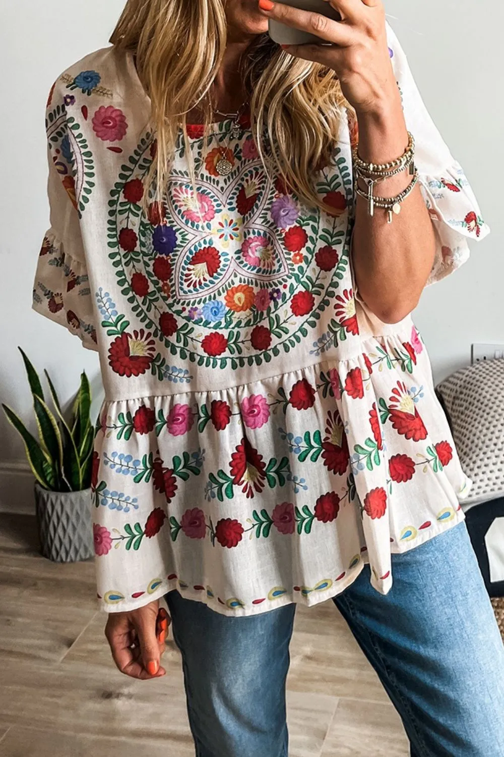 Floral Print Round Neck Ruffle Trim Blouse - Image 3