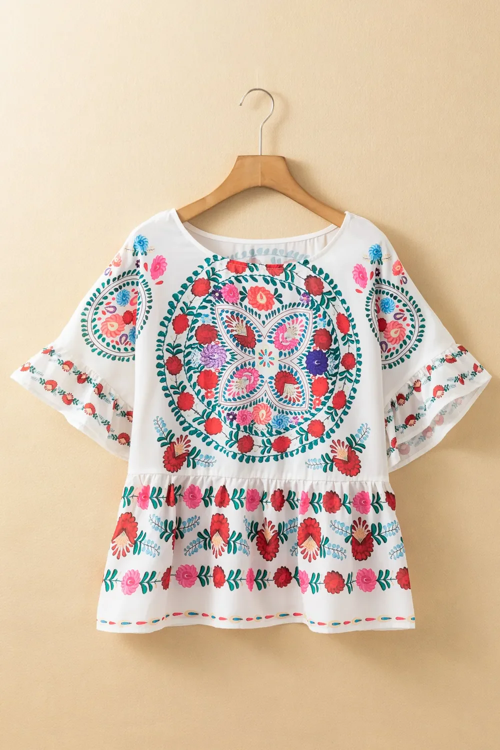 Floral Print Round Neck Ruffle Trim Blouse - Image 4