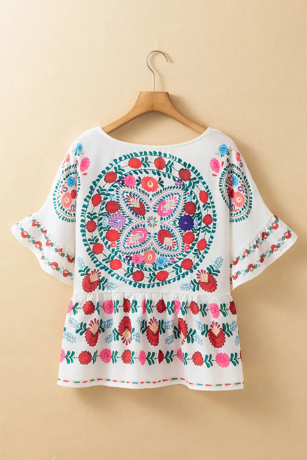 Floral Print Round Neck Ruffle Trim Blouse - Image 5