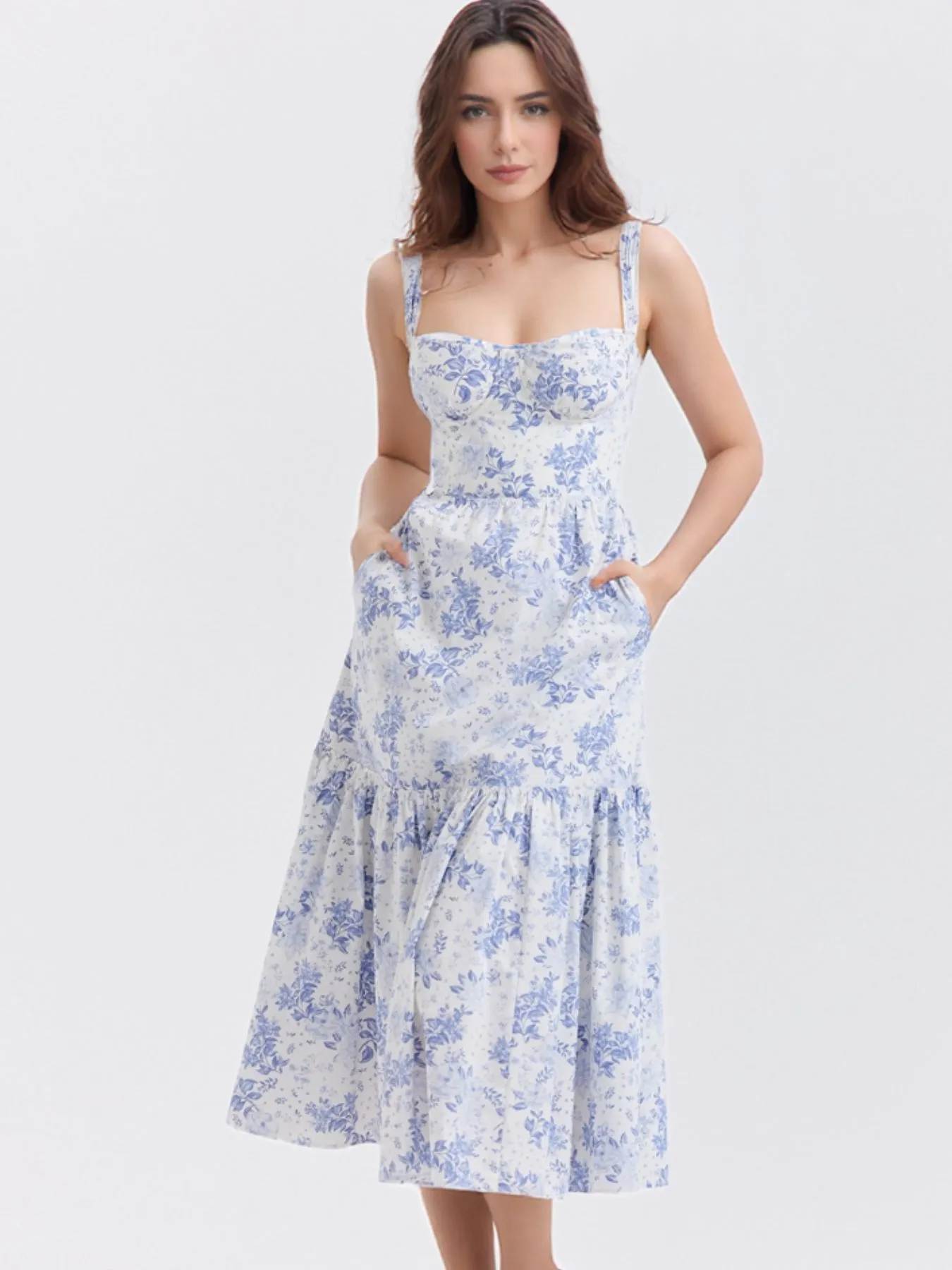 Floral Print Sweetheart Neck Midi Dress
