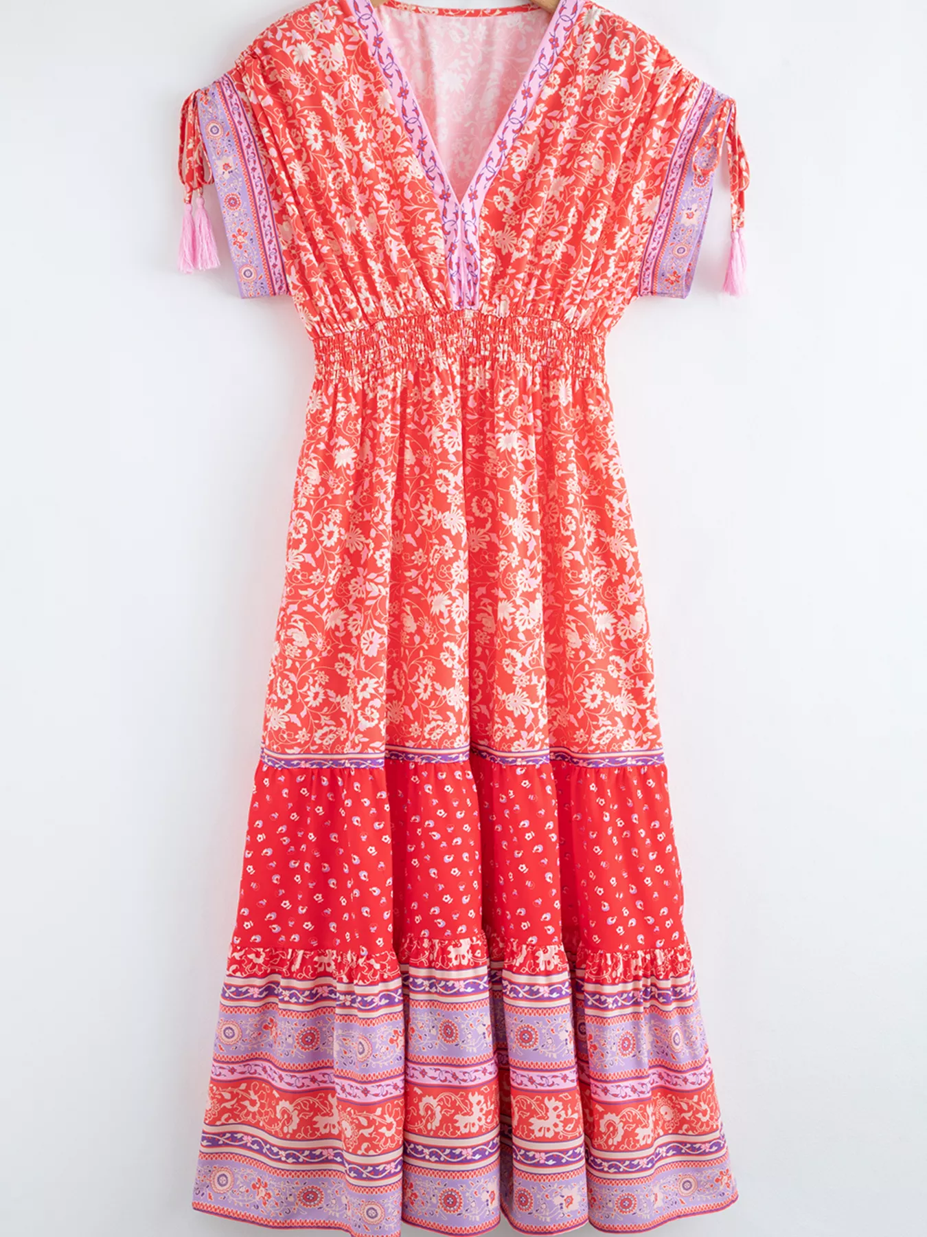 Floral Print Tasseled Tied Sleeve Empire Waist Dress - Image 7