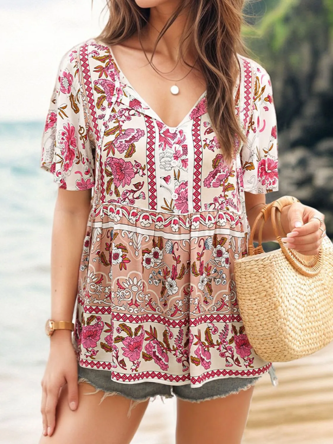 Floral Print Tie Neck Flutter Sleeve Blouse - Image 2