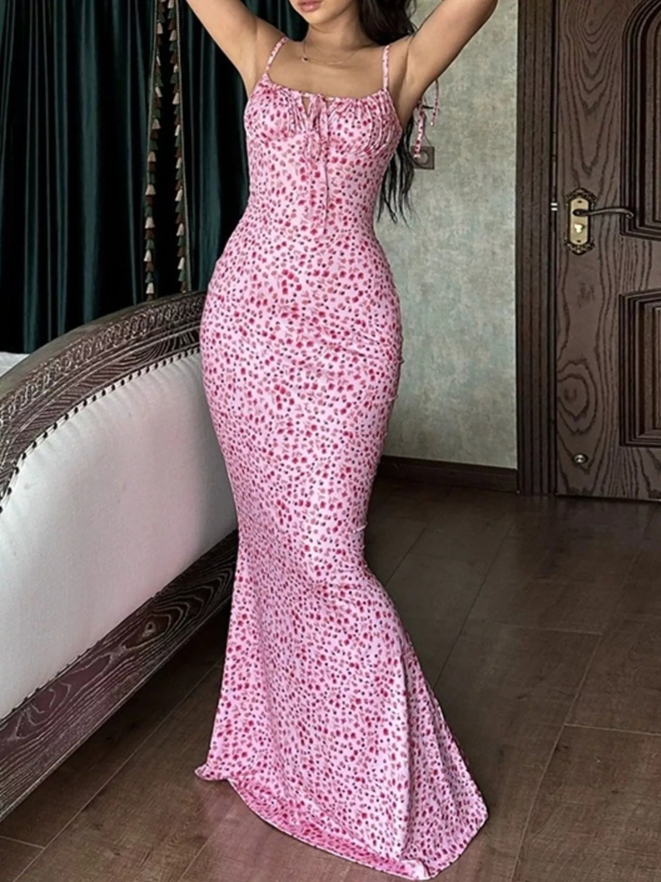 Floral Print Tie Strap Bodycon Maxi Dress - Image 14