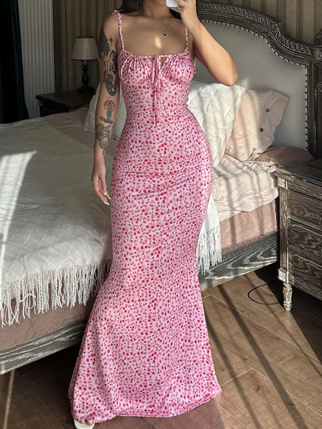 Floral Print Tie Strap Bodycon Maxi Dress - Image 16