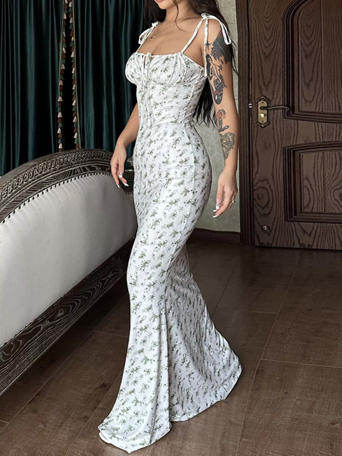 Floral Print Tie Strap Bodycon Maxi Dress - Image 3