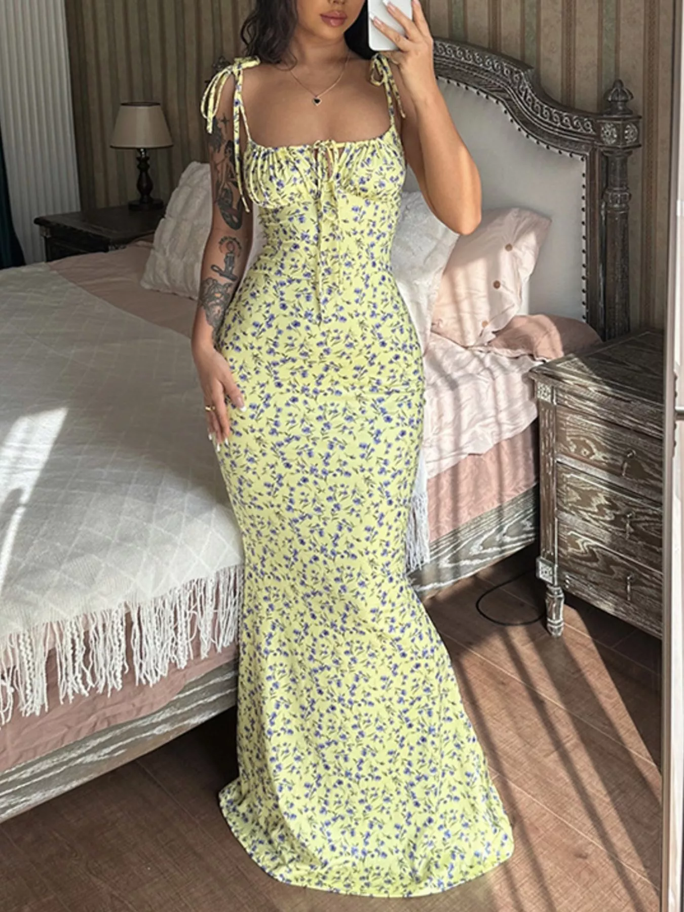 Floral Print Tie Strap Bodycon Maxi Dress - Image 9