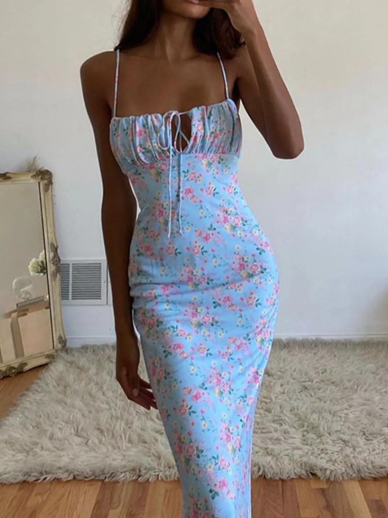 Floral Print Tie Strap Bodycon Maxi Dress - Image 11