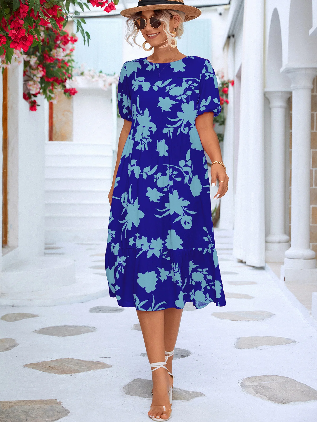 Floral Puff Sleeve Ruffle Hem Midi Dress - Image 11