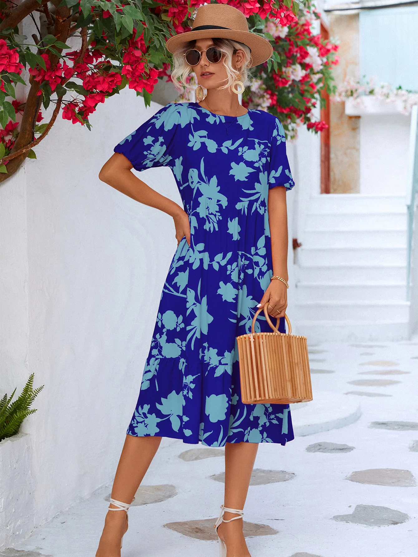 Floral Puff Sleeve Ruffle Hem Midi Dress - Image 12