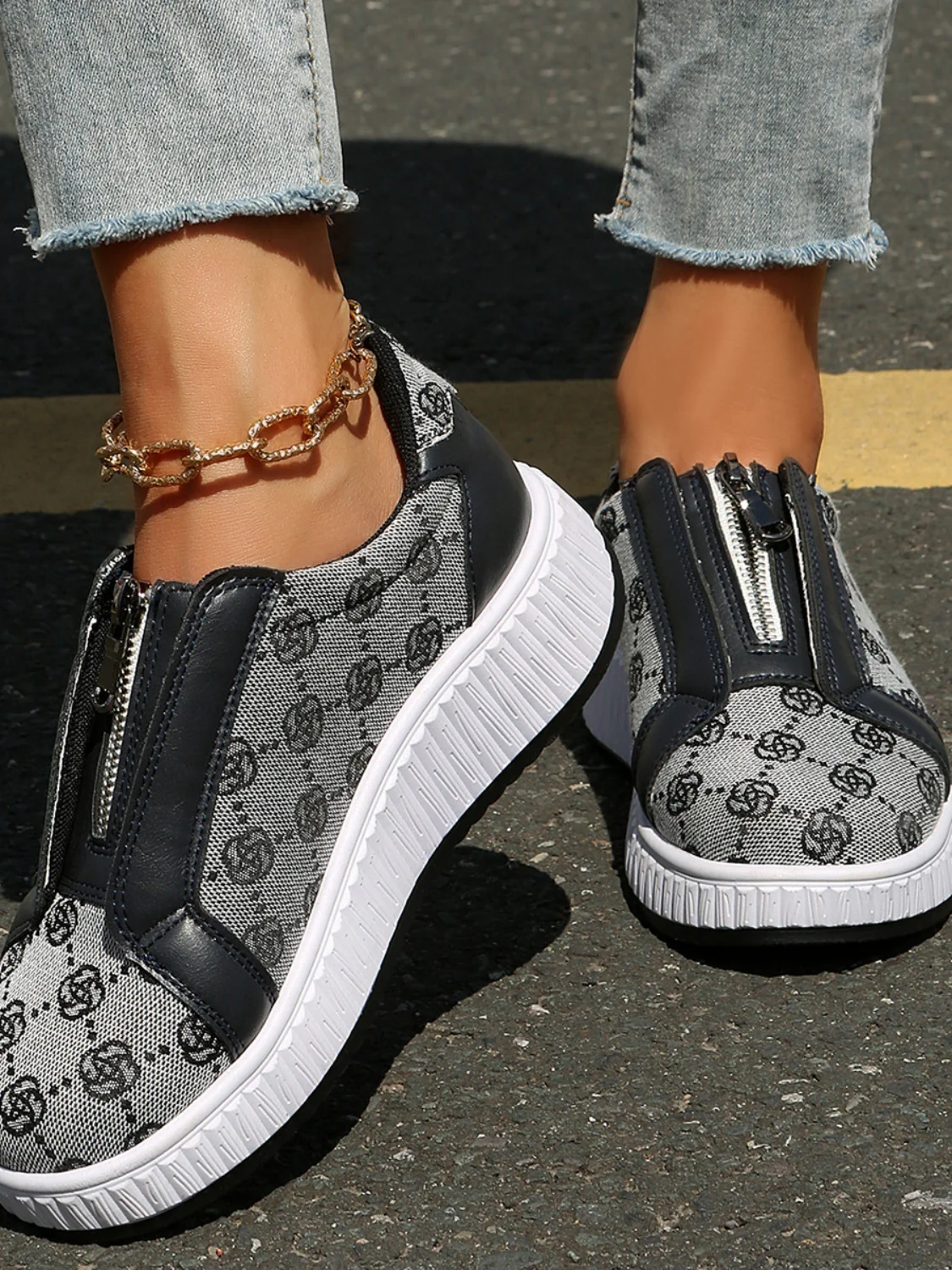 Floral Round Toe Sneakers with Zip - Image 10