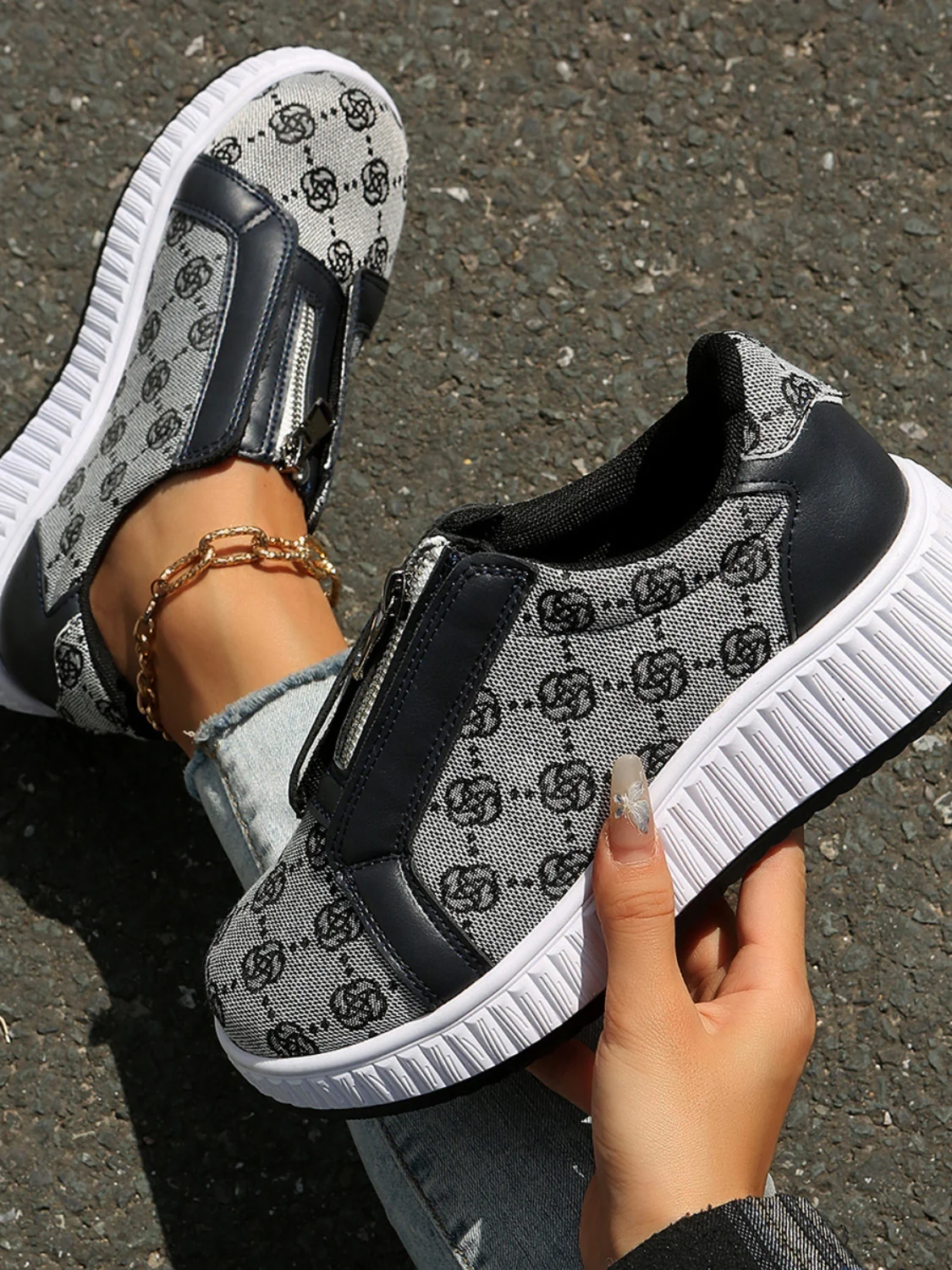 Floral Round Toe Sneakers with Zip - Image 9