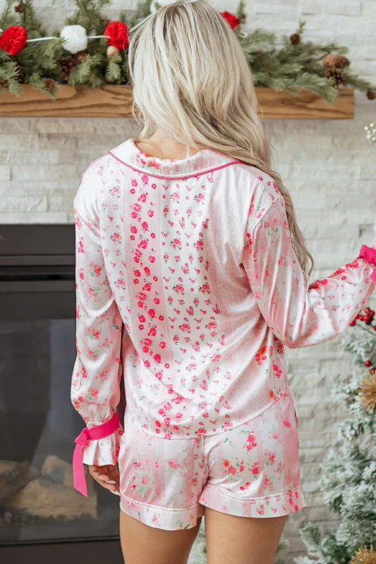 Floral Shirt Satin Tie and Shorts Pajama Set - Image 2