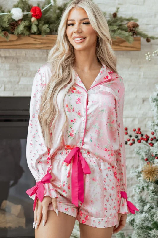 Floral Shirt Satin Tie and Shorts Pajama Set - Image 4