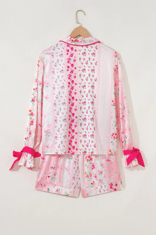 Floral Shirt Satin Tie and Shorts Pajama Set - Image 7