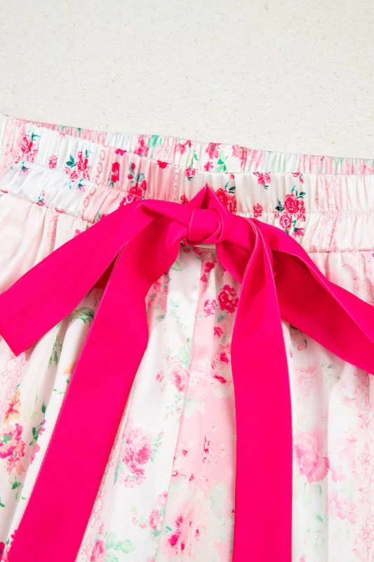 Floral Shirt Satin Tie and Shorts Pajama Set - Image 9