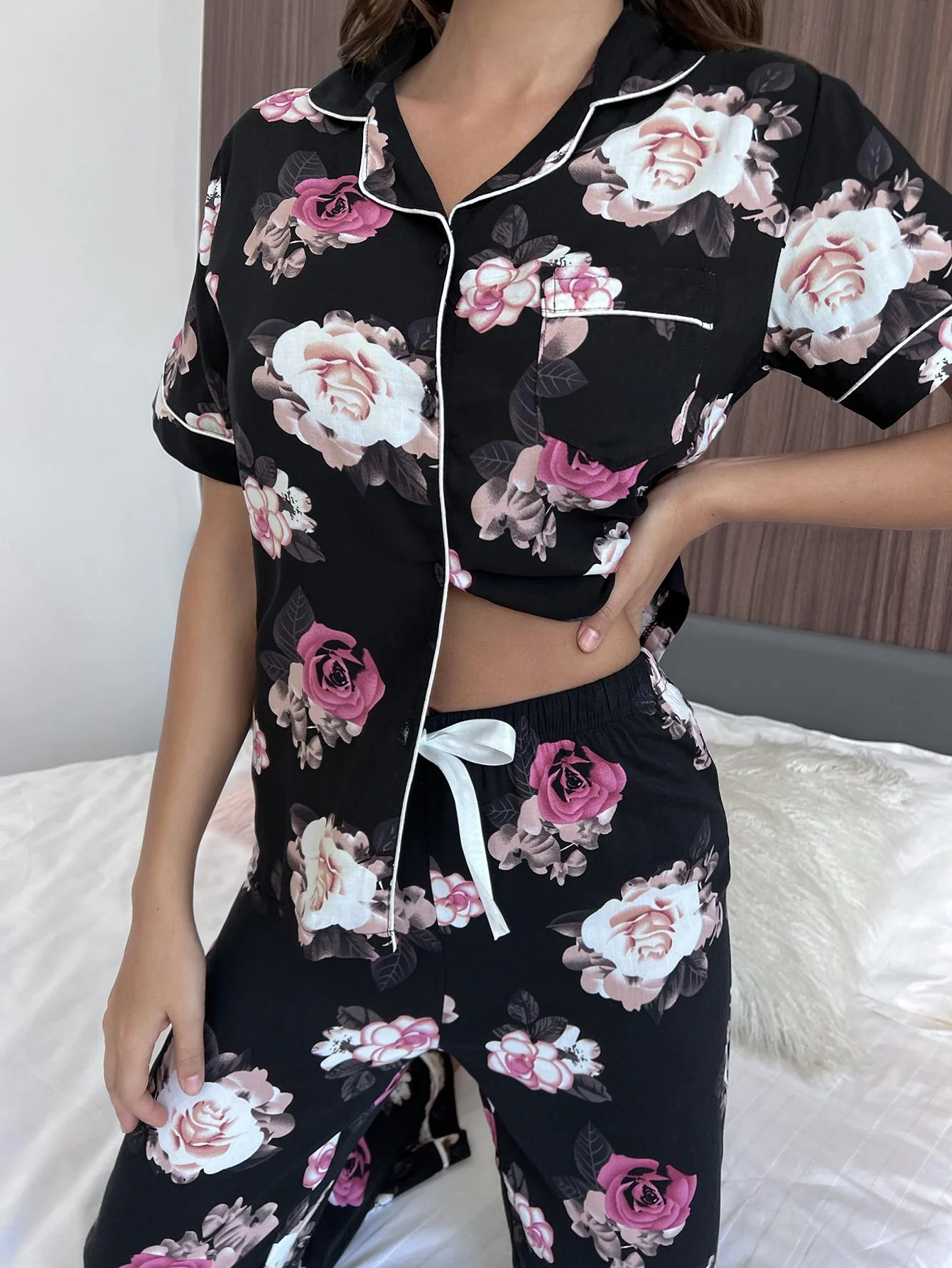 Floral Short Sleeve Shirt and Pants Lounge Set - Image 4