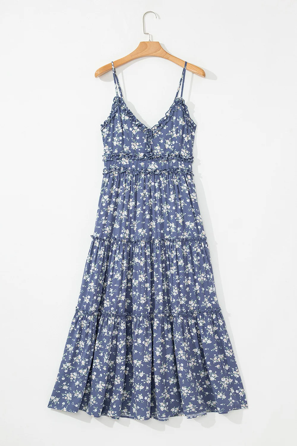 Floral Spaghetti Strap Frilled V Neck Tiered Midi Dress - Image 6