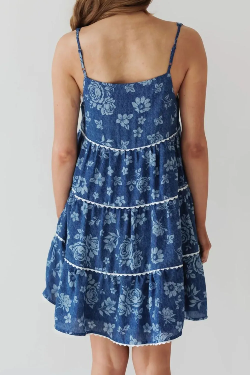 Floral Tiered Square Neck Denim Dress - Image 2