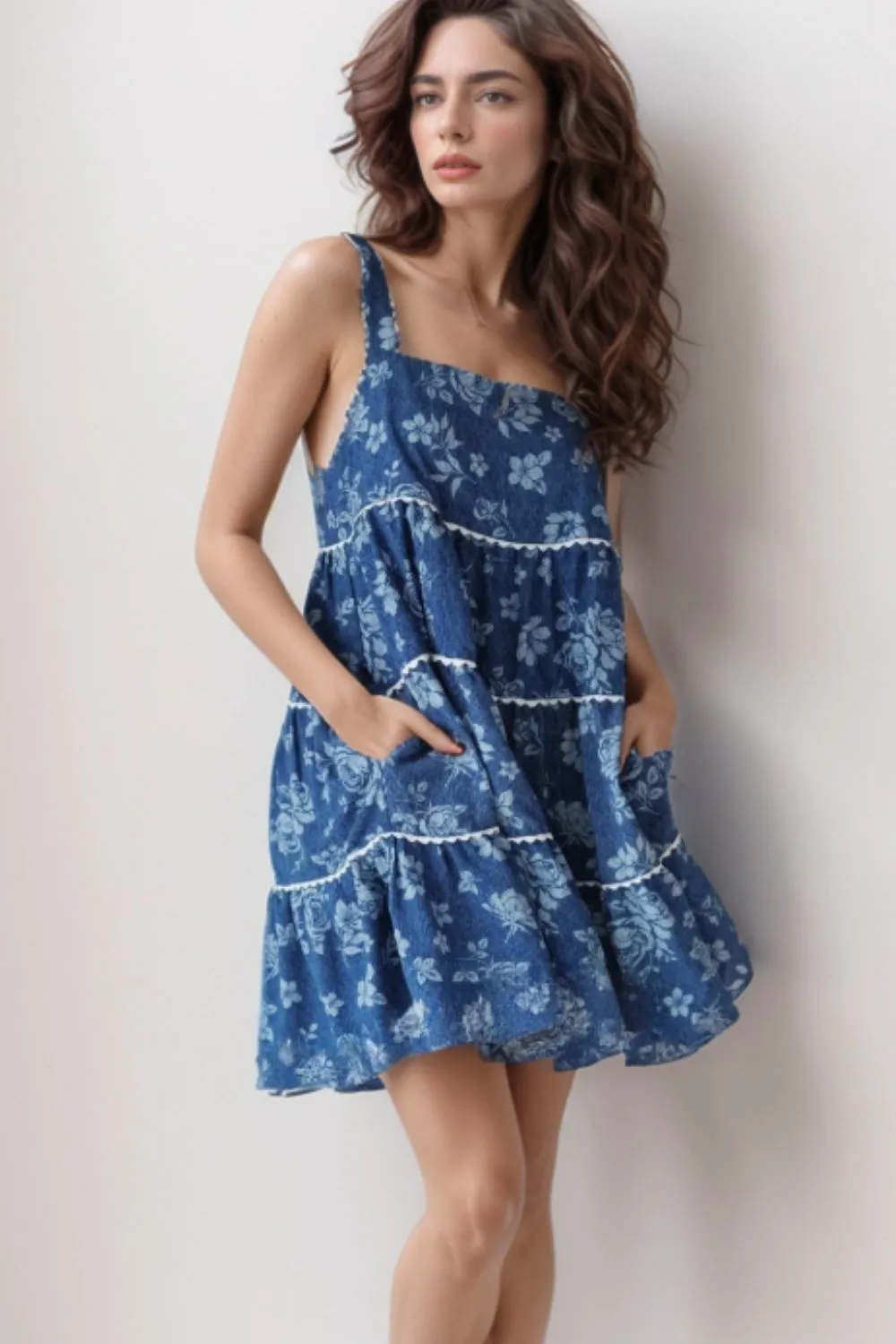 Floral Tiered Square Neck Denim Dress - Image 3