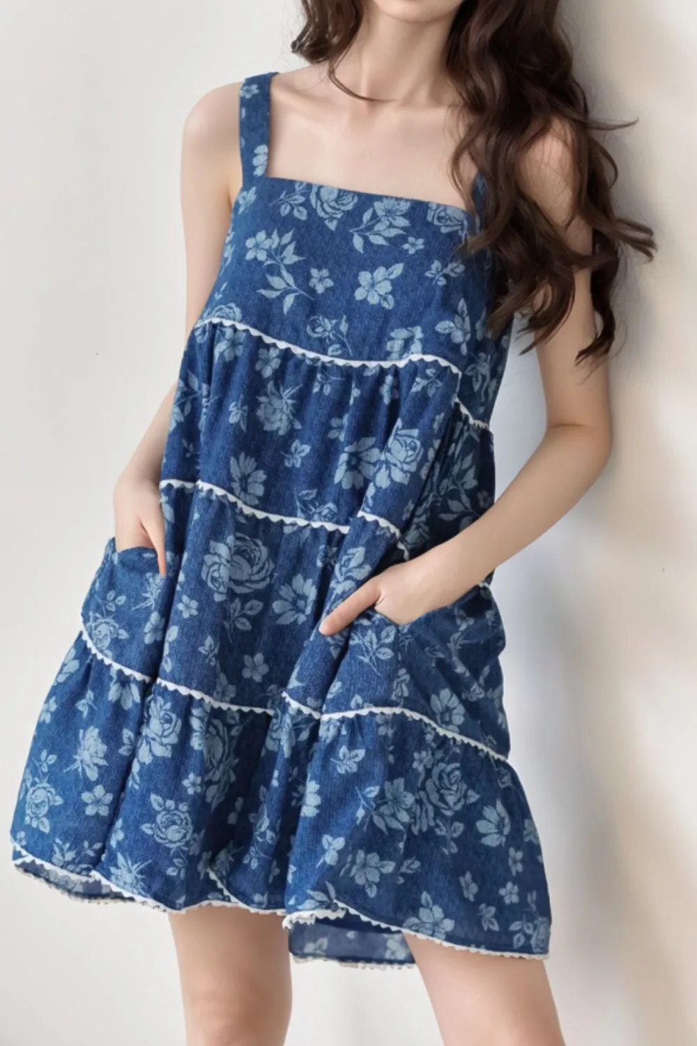 Floral Tiered Square Neck Denim Dress - Image 4