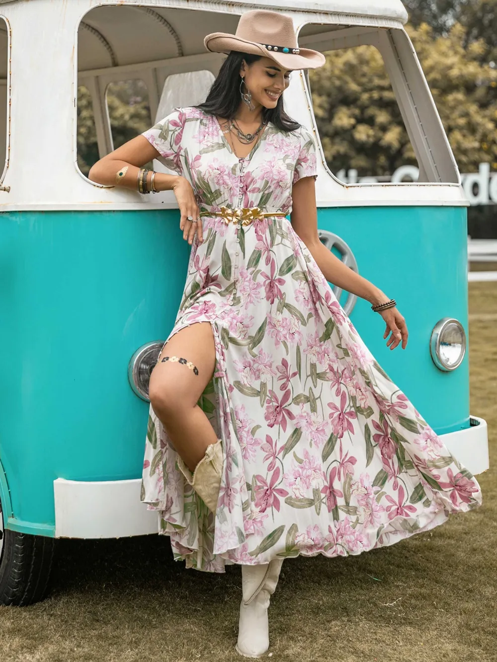 Floral V-Neck Slit Dress - Image 2