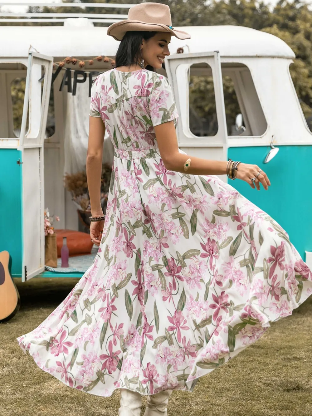 Floral V-Neck Slit Dress - Image 4
