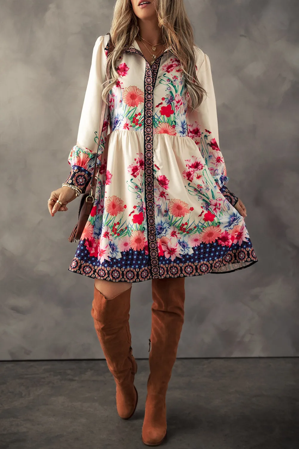 Flower Button Down Lantern Sleeve Dress - Image 3