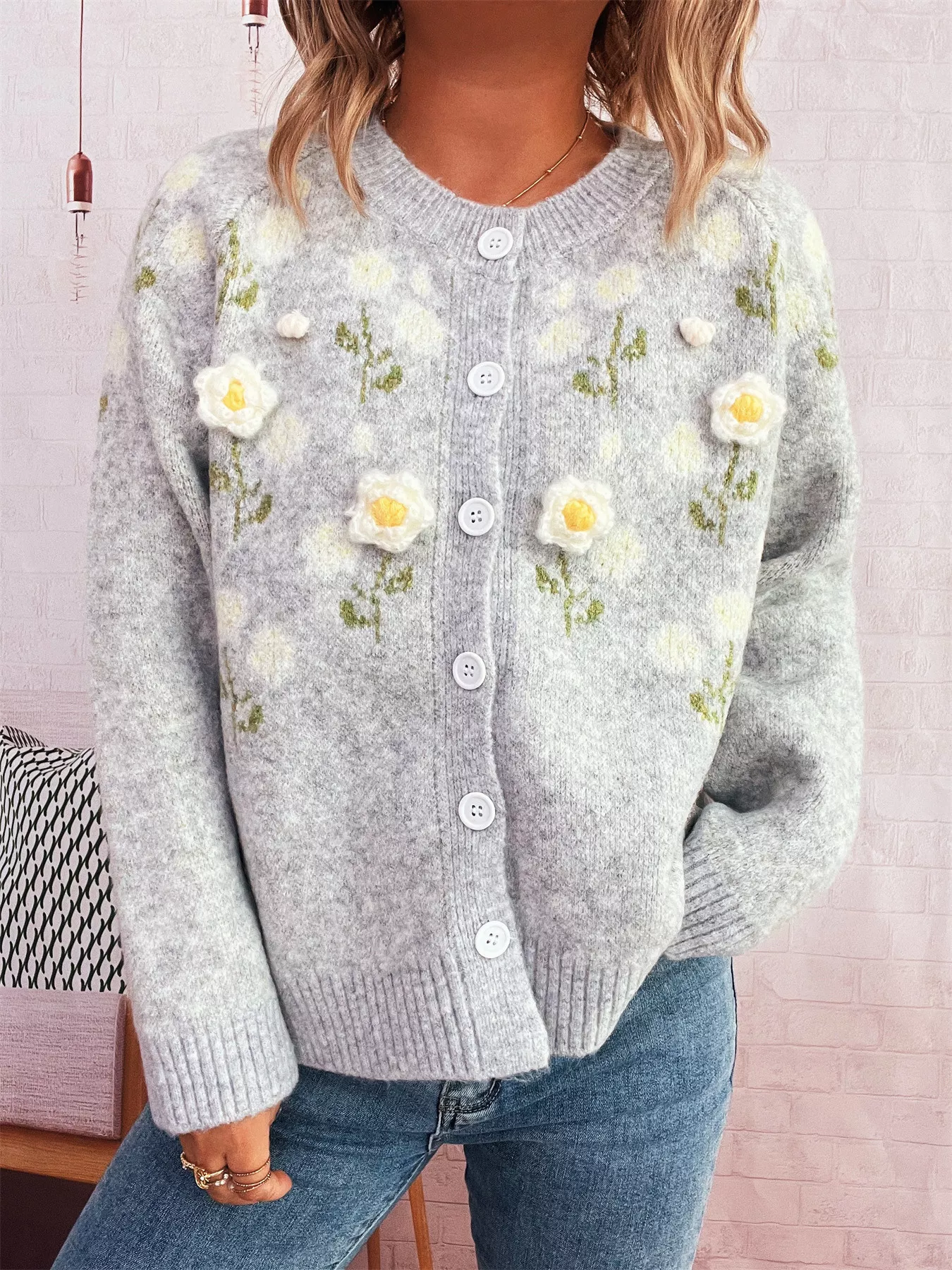 Flower Button Up Long Sleeve Cardigan - Image 3