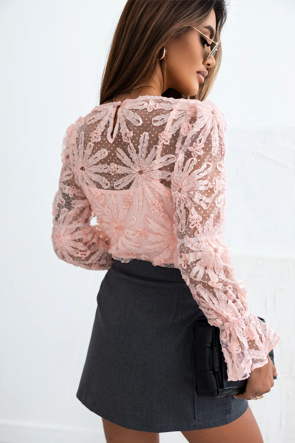Flower Dotted Ruffled Sleeve Mesh Top - Image 2