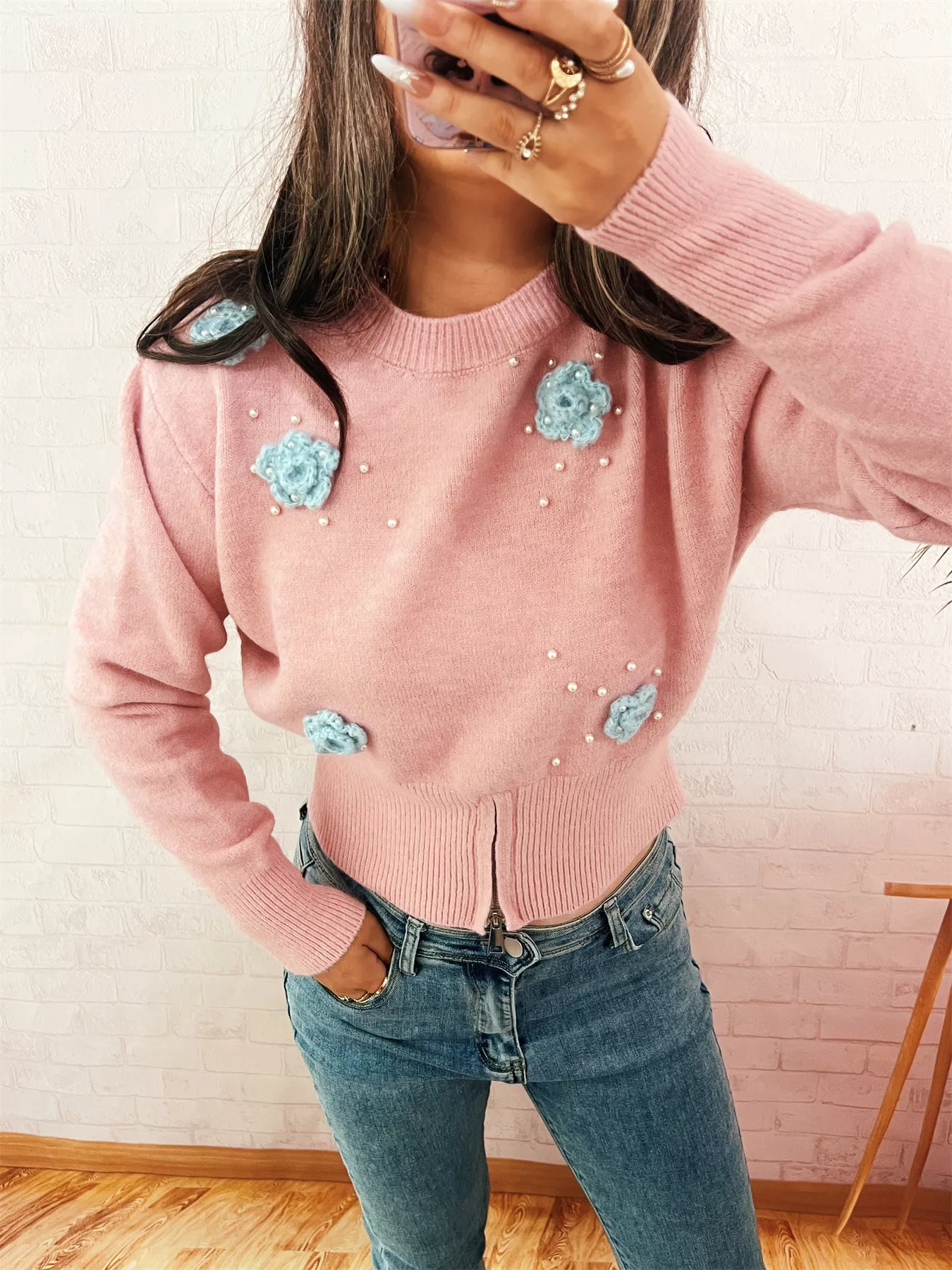 Flower Pearl Detail Ribbed Hem Sweater - Image 11