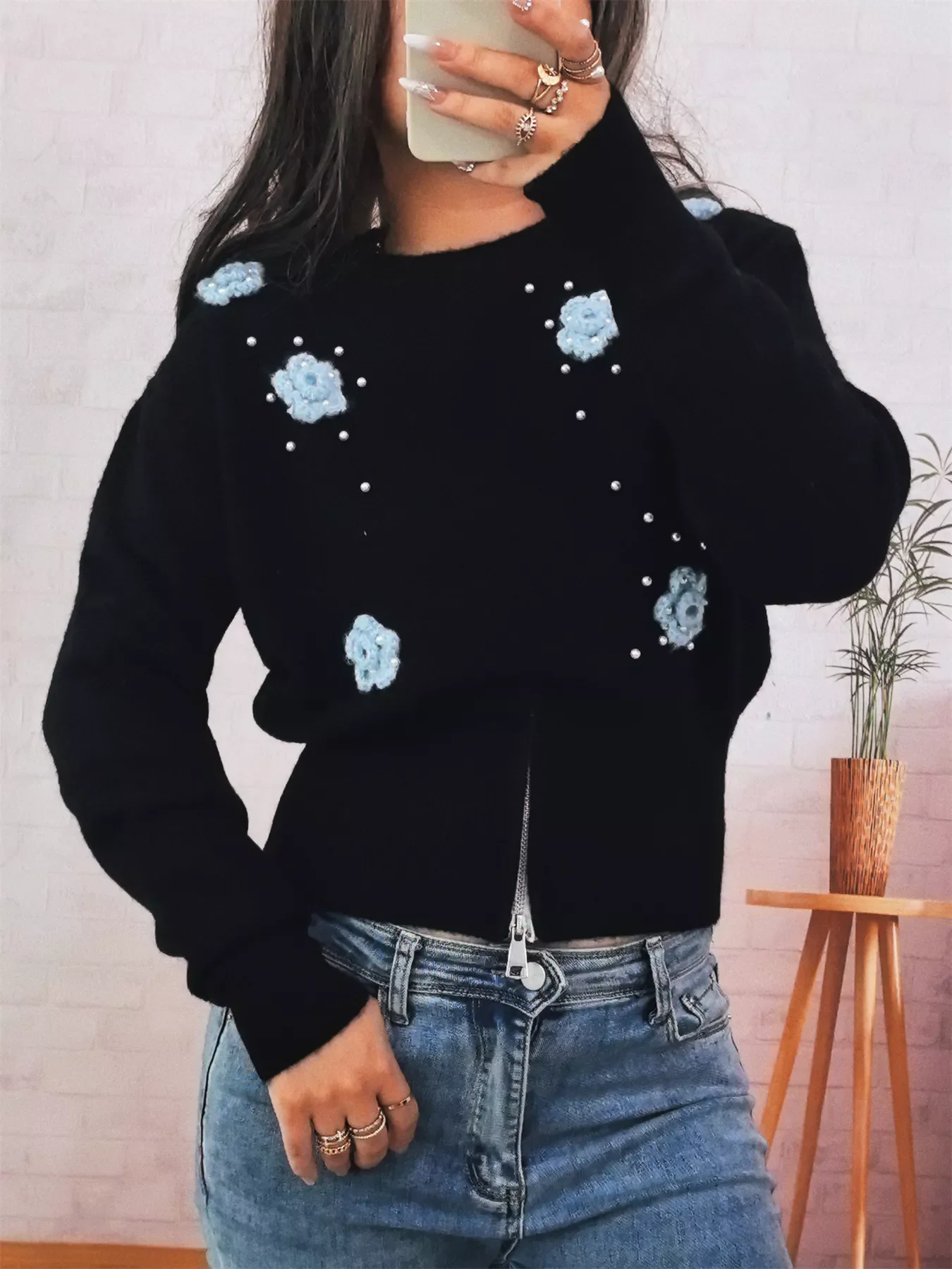Flower Pearl Detail Ribbed Hem Sweater - Image 7