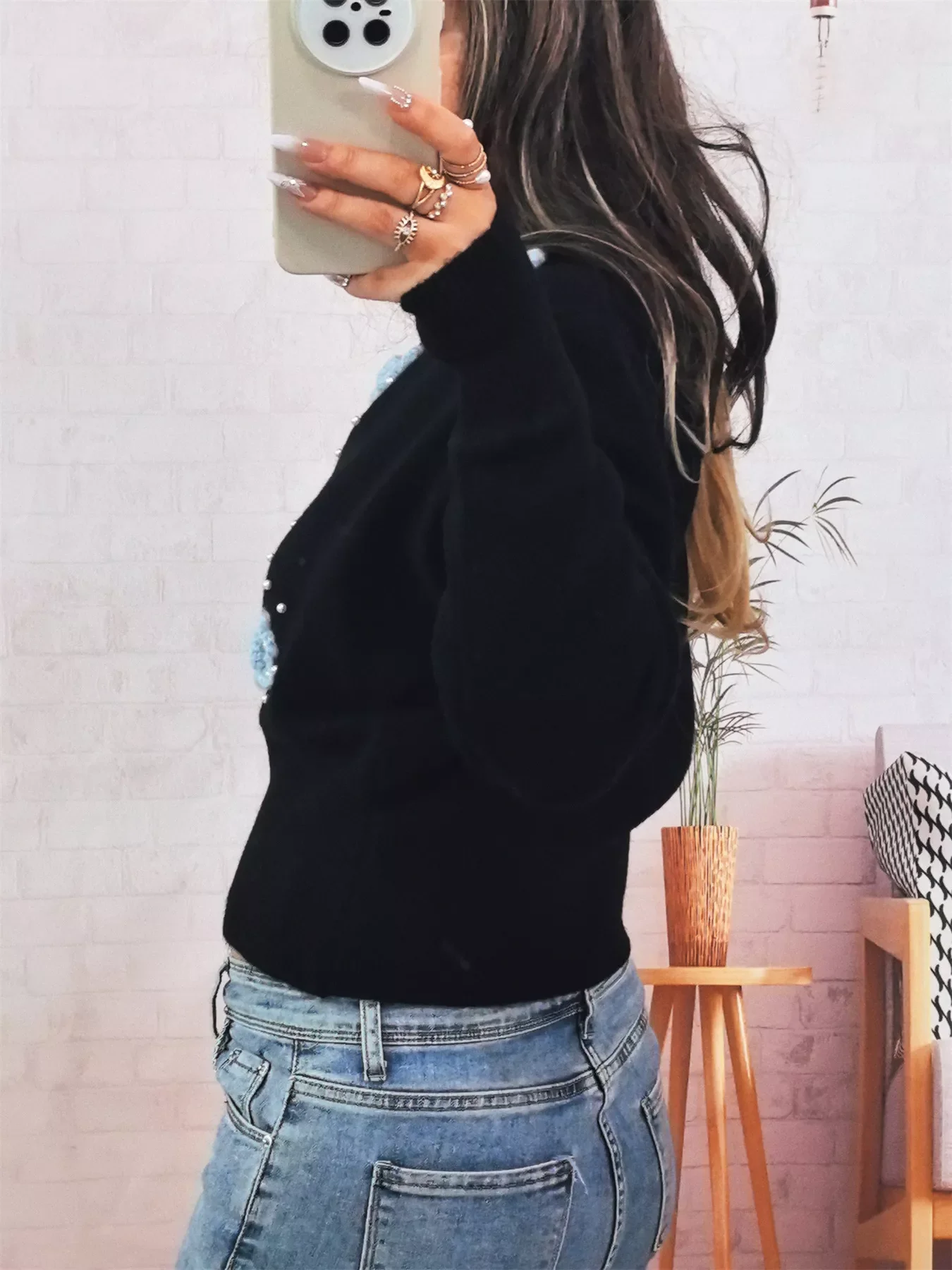 Flower Pearl Detail Ribbed Hem Sweater - Image 9