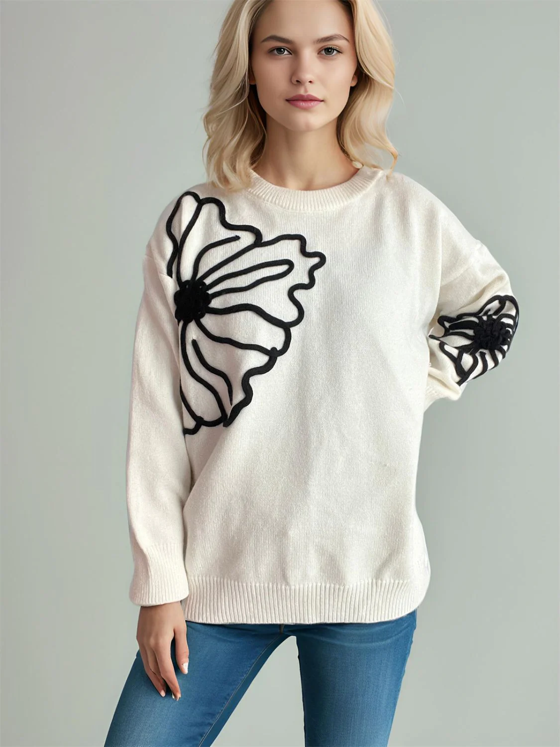Flower Round Neck Long Sleeve Sweater - Image 6