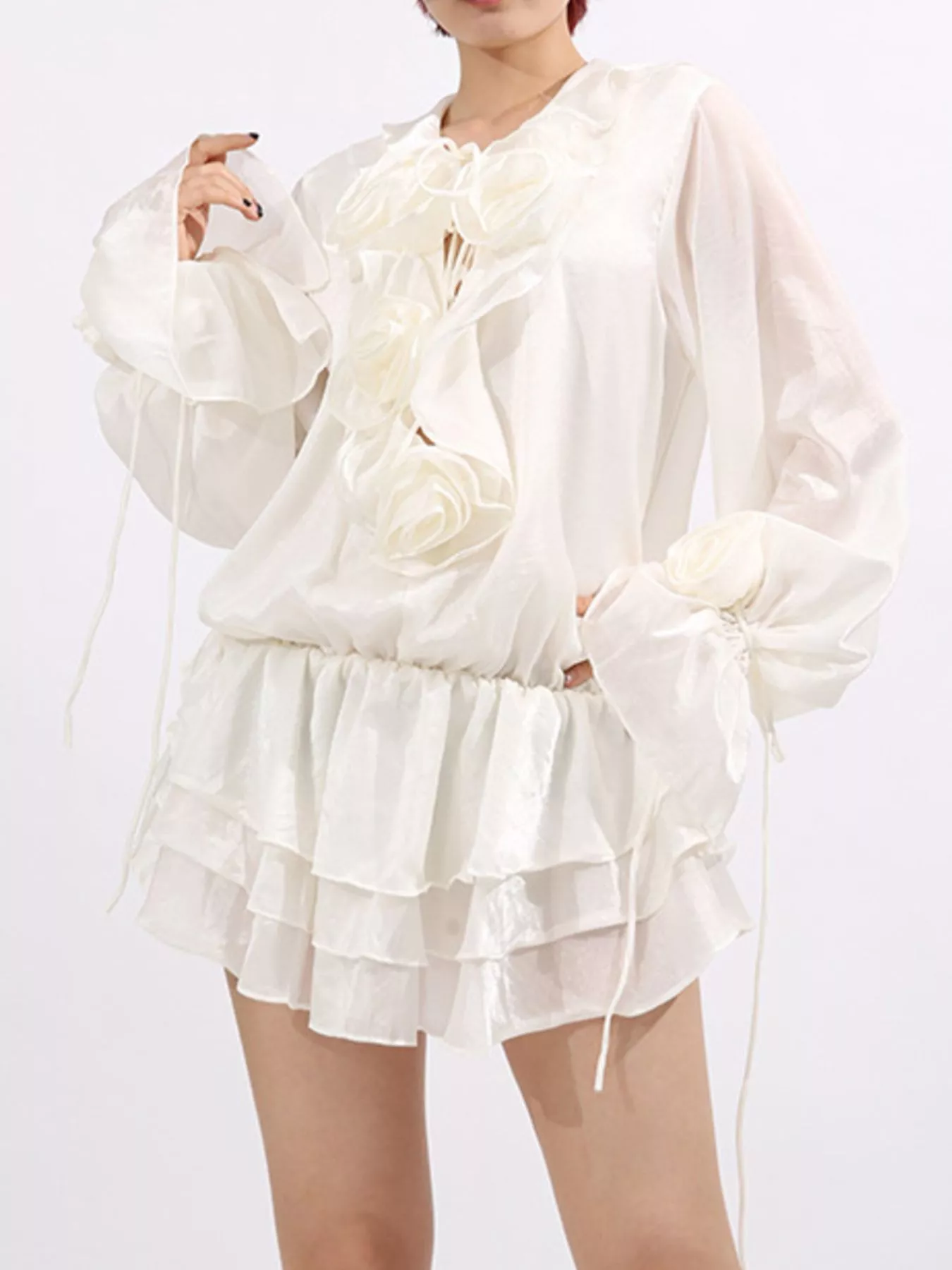 Flower Ruffled Long Sleeve Dress - Image 2