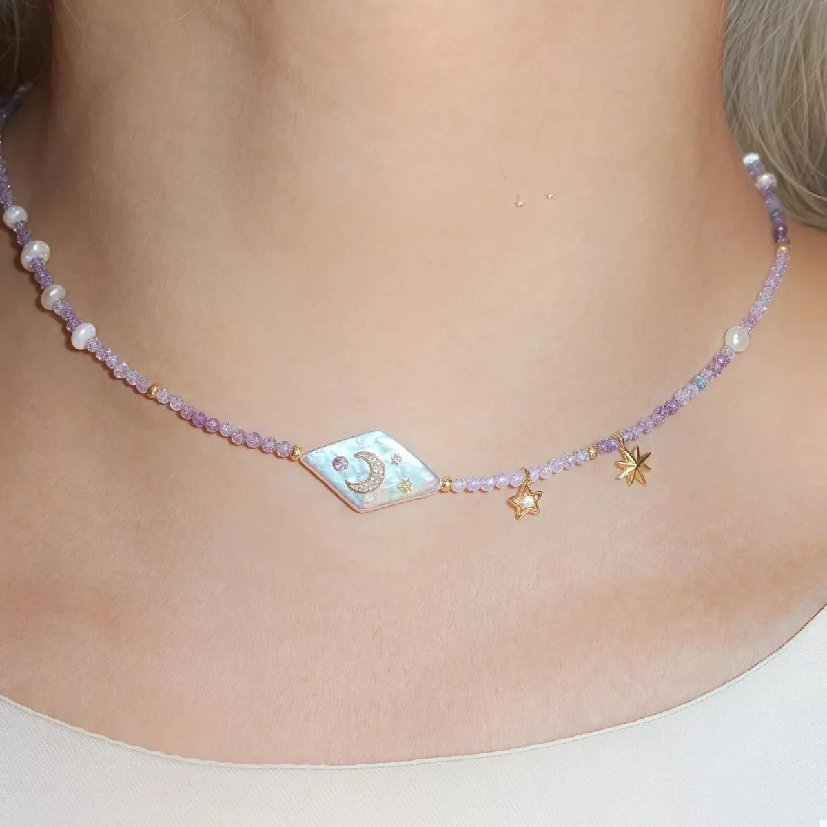 Freshwater Pearl Star Moon Beaded Necklace - Image 5