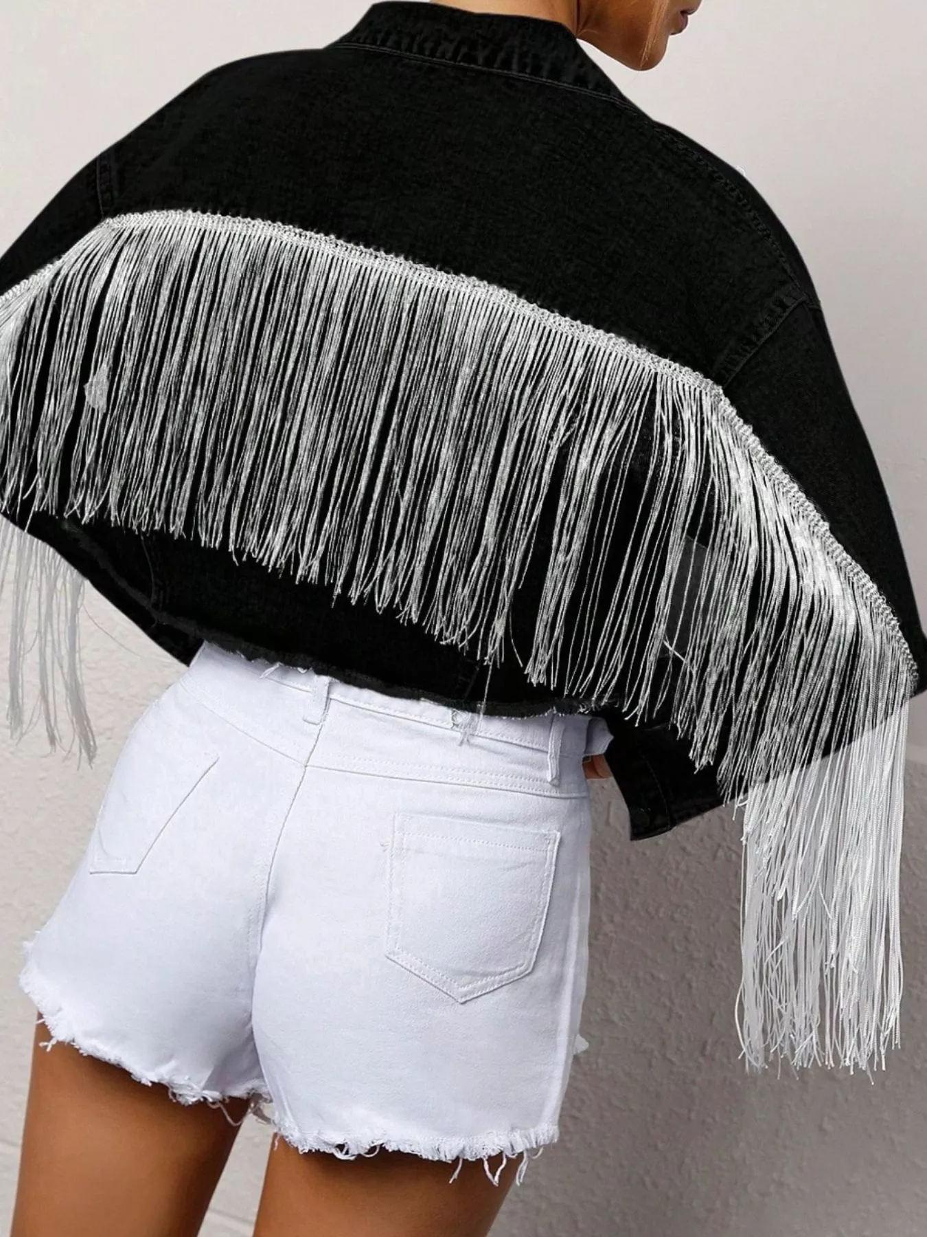 Fringe Button Up Cropped Denim Jacket - Image 5