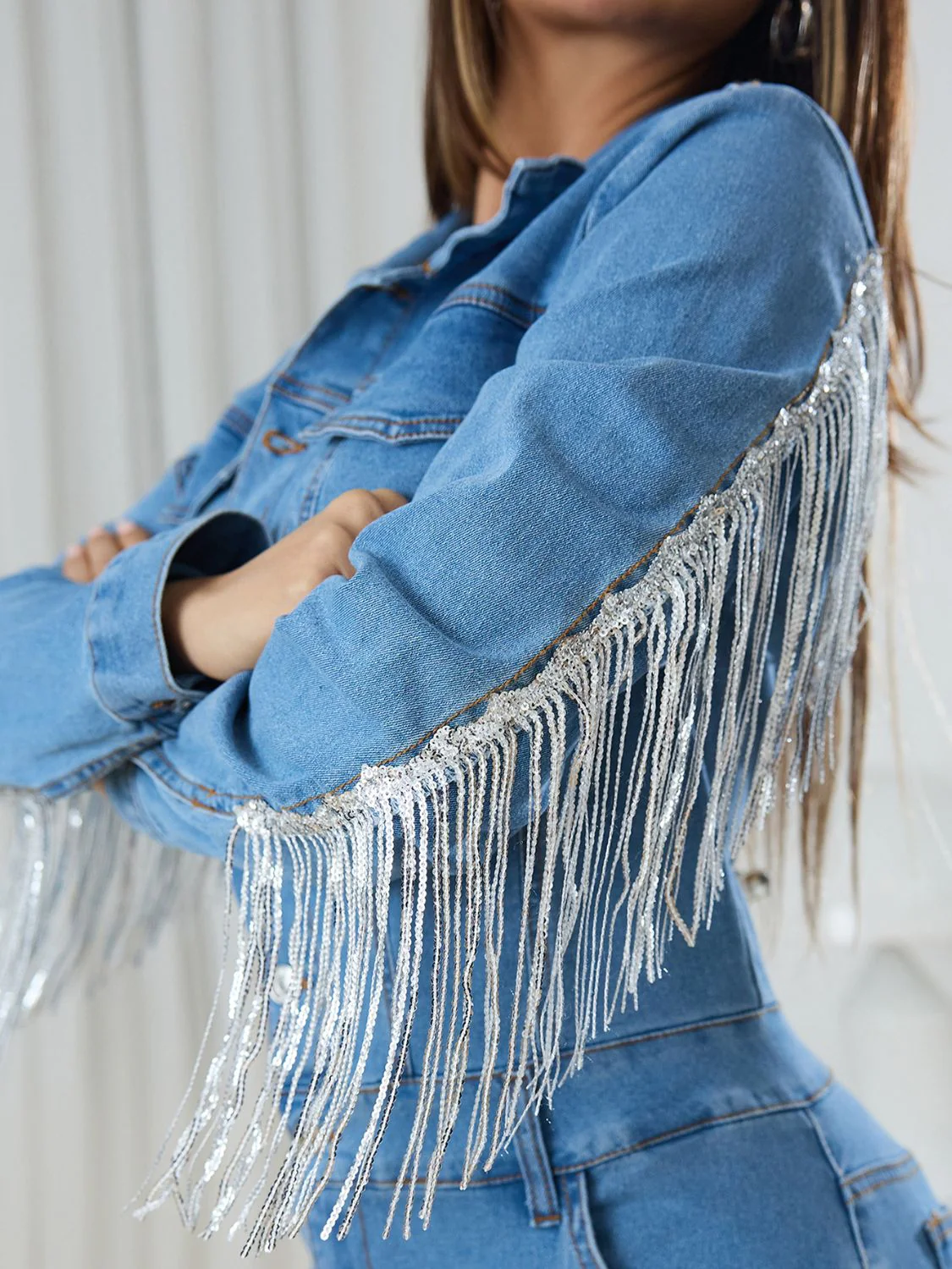 Fringe Half Button Long Sleeve Denim Jumpsuit - Image 2