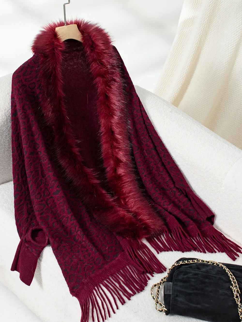 Fringe Leopard Open Front Long Sleeve Poncho - Image 11
