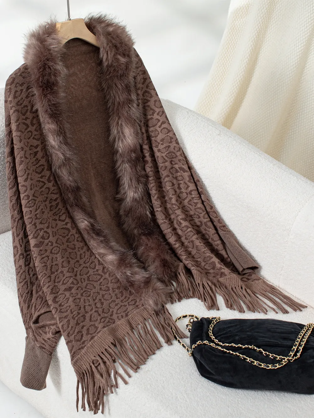 Fringe Leopard Open Front Long Sleeve Poncho - Image 14