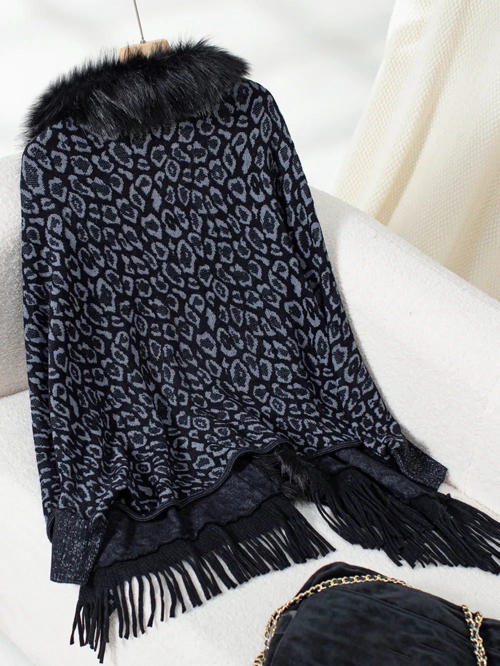 Fringe Leopard Open Front Long Sleeve Poncho - Image 18