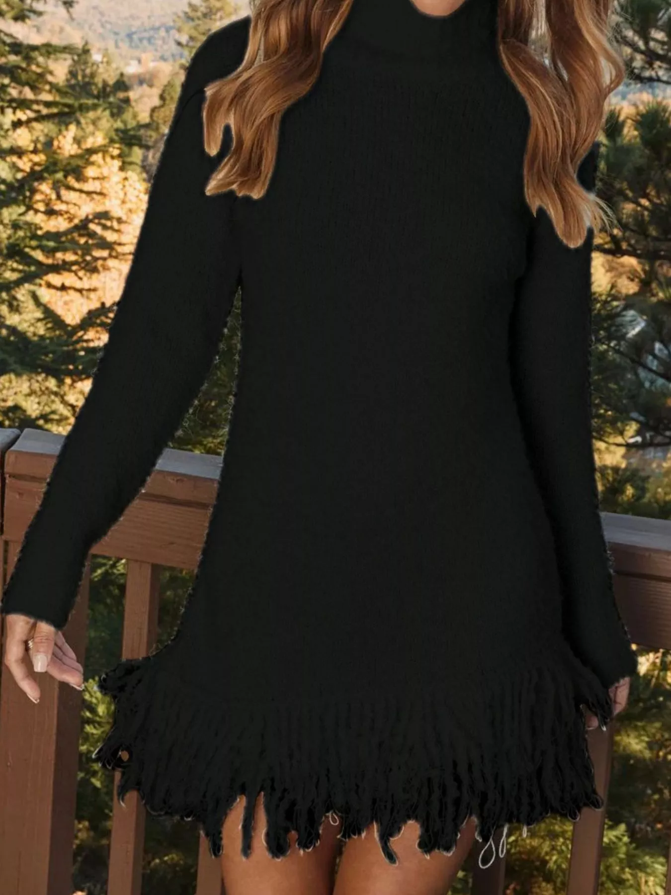 Fringe Turtleneck Long Sleeve Sweater Dress - Image 15