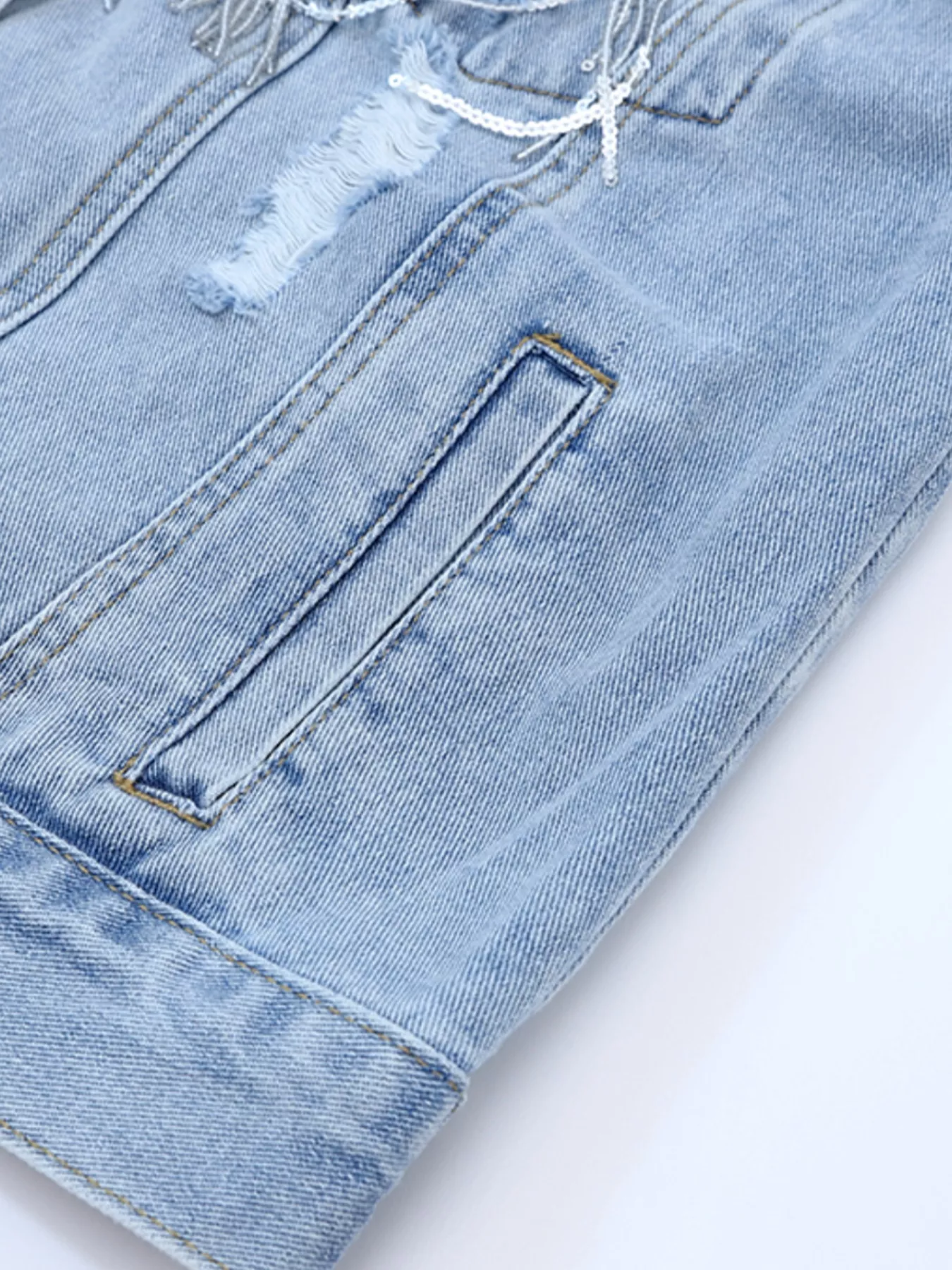 Fringed Sequin Embellished Denim Jacket - Image 11