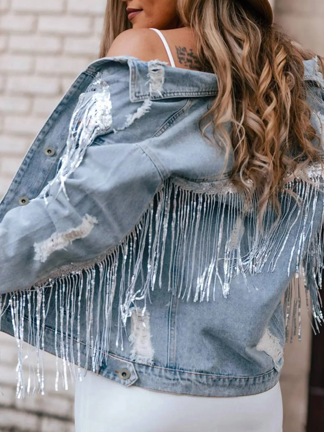 Fringed Sequin Embellished Denim Jacket - Image 5