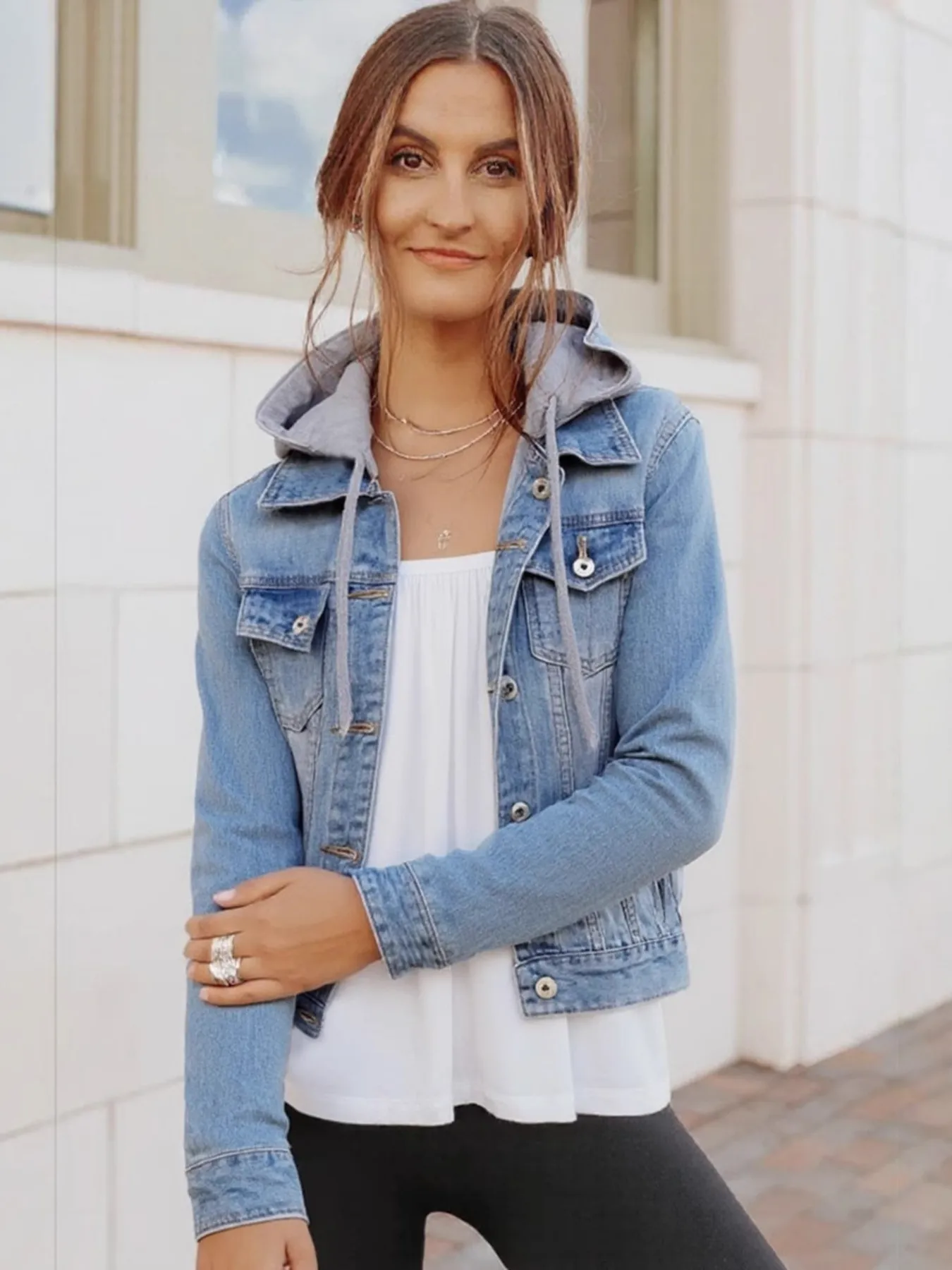 Full Size Button Up Drawstring Hooded Denim Jacket Plus Size - Image 6