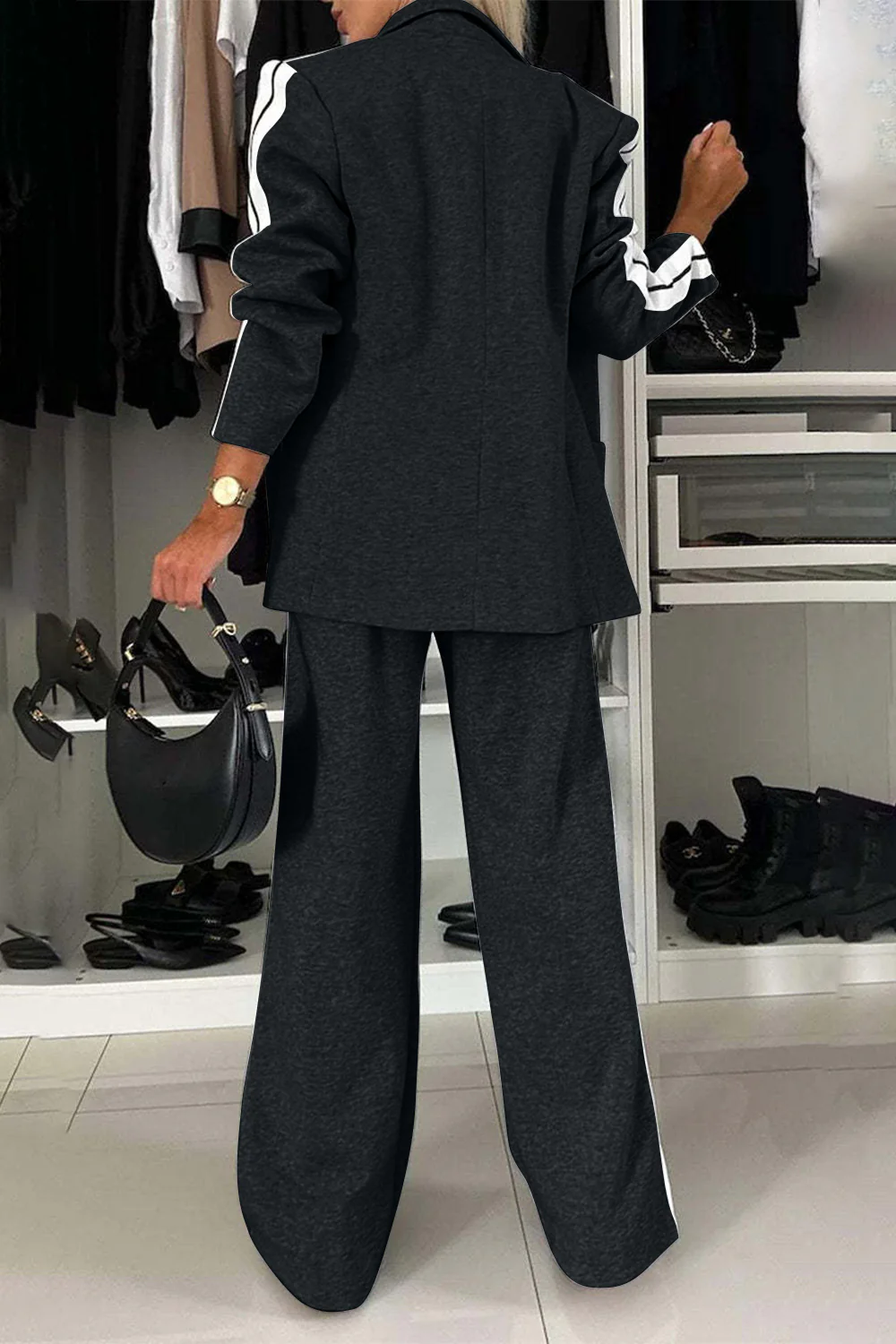 Full Size Contrast Lapel Collar Top and Pants Set - Image 10